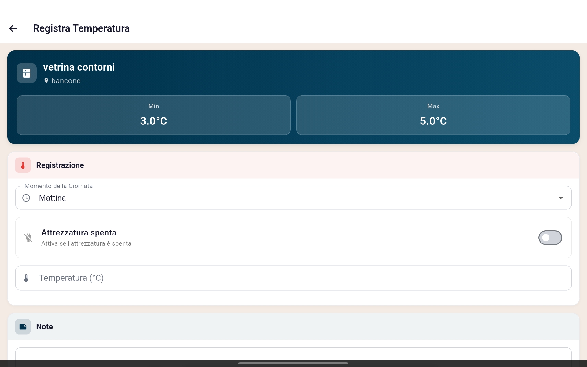 Schermata di registrazione temperature SimpleHACCP