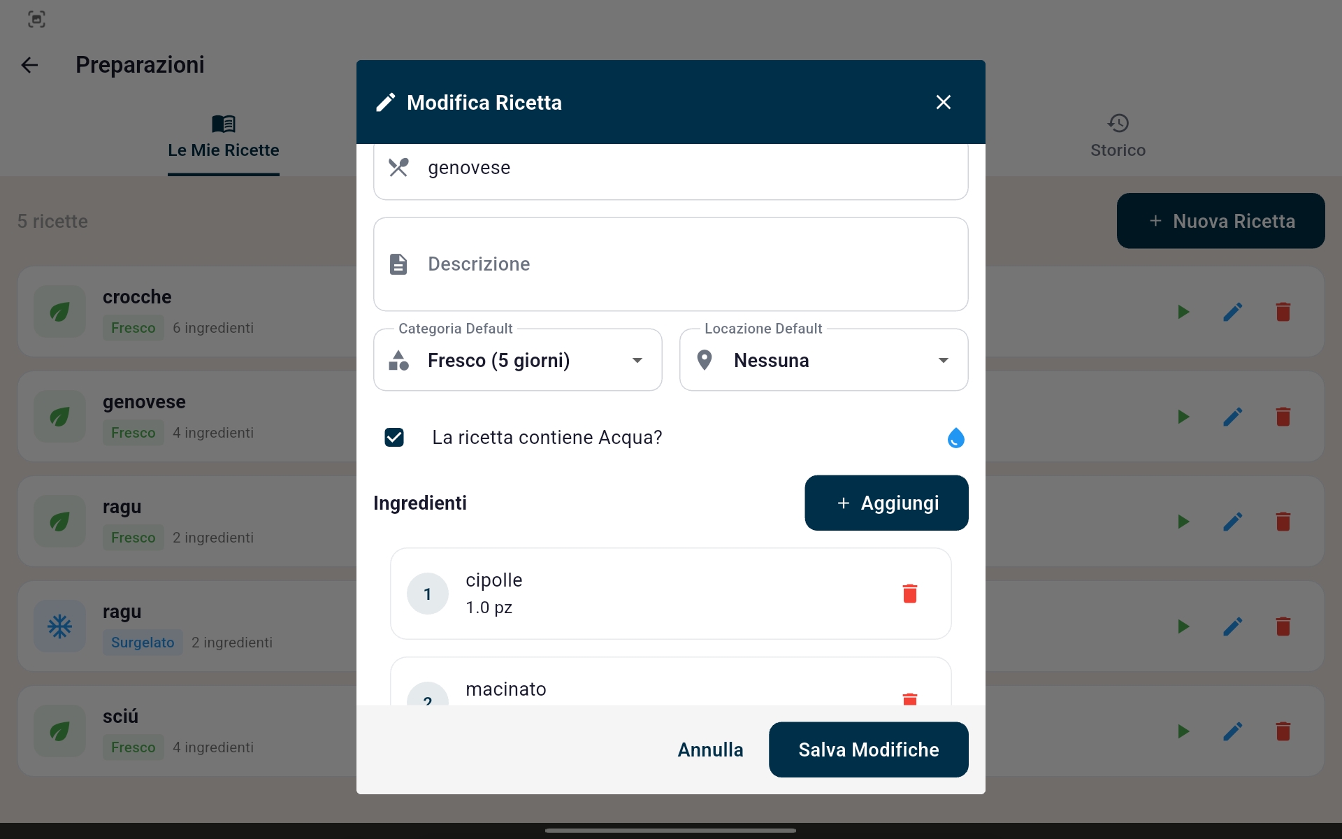 Ricettario digitale con ingredienti e quantità su SimpleHACCP
